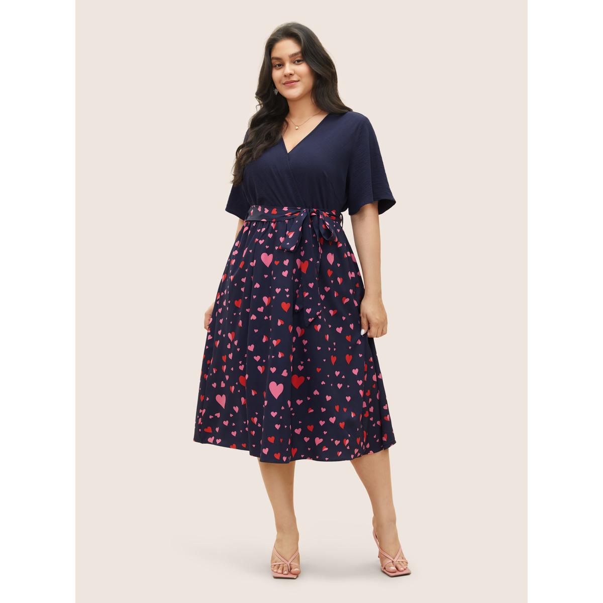 Plus Size Heart Print Patchwork Belted Wrap Dress DarkBlue Women Elegant Wrap Overlap Collar Half Sleeve Curvy Midi Dress BloomChic 30/6X Product Image