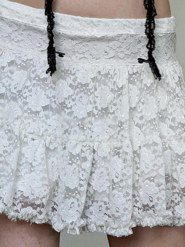 Hook Lace Patchwork Pleated Mini Skirts Product Image