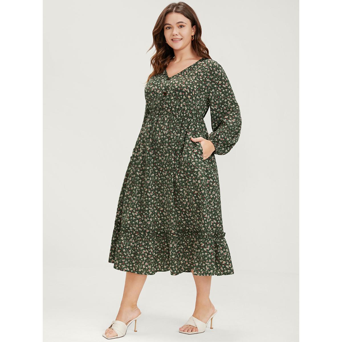Plus Size Ditsy Floral Pocket Puff Sleeve Fake Button Ruffles Hem Dress Green Women Elegant Button V-neck Long Sleeve Curvy Midi Dress BloomChic 22-24/3X Product Image