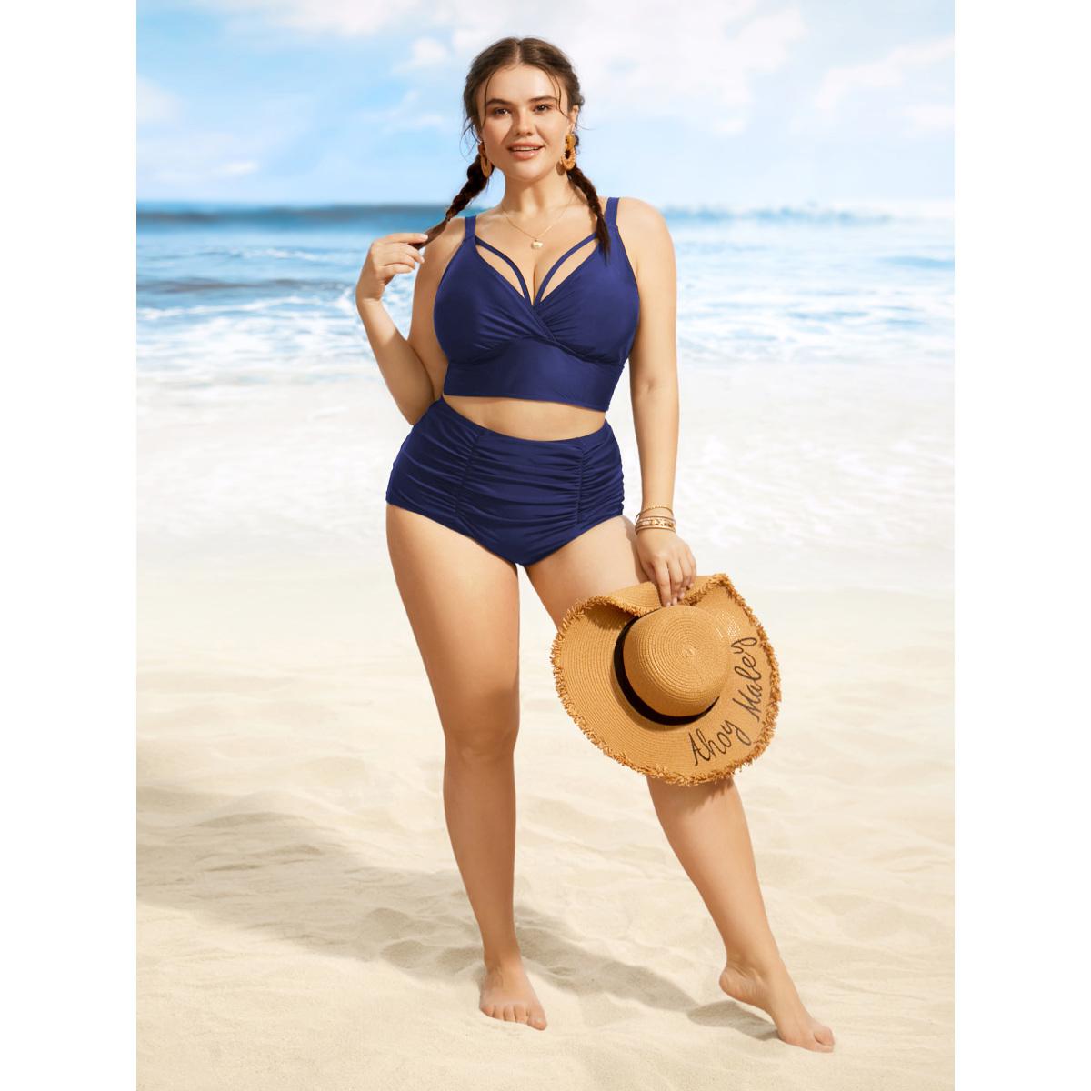 Plus Size Solid Cut Out Adjustable Straps Swim Top Women's Swimwear ArmyGreen Beach Non High stretch Skinny Overlap Collar Curve Swim Tops BloomChic 30/6X Product Image