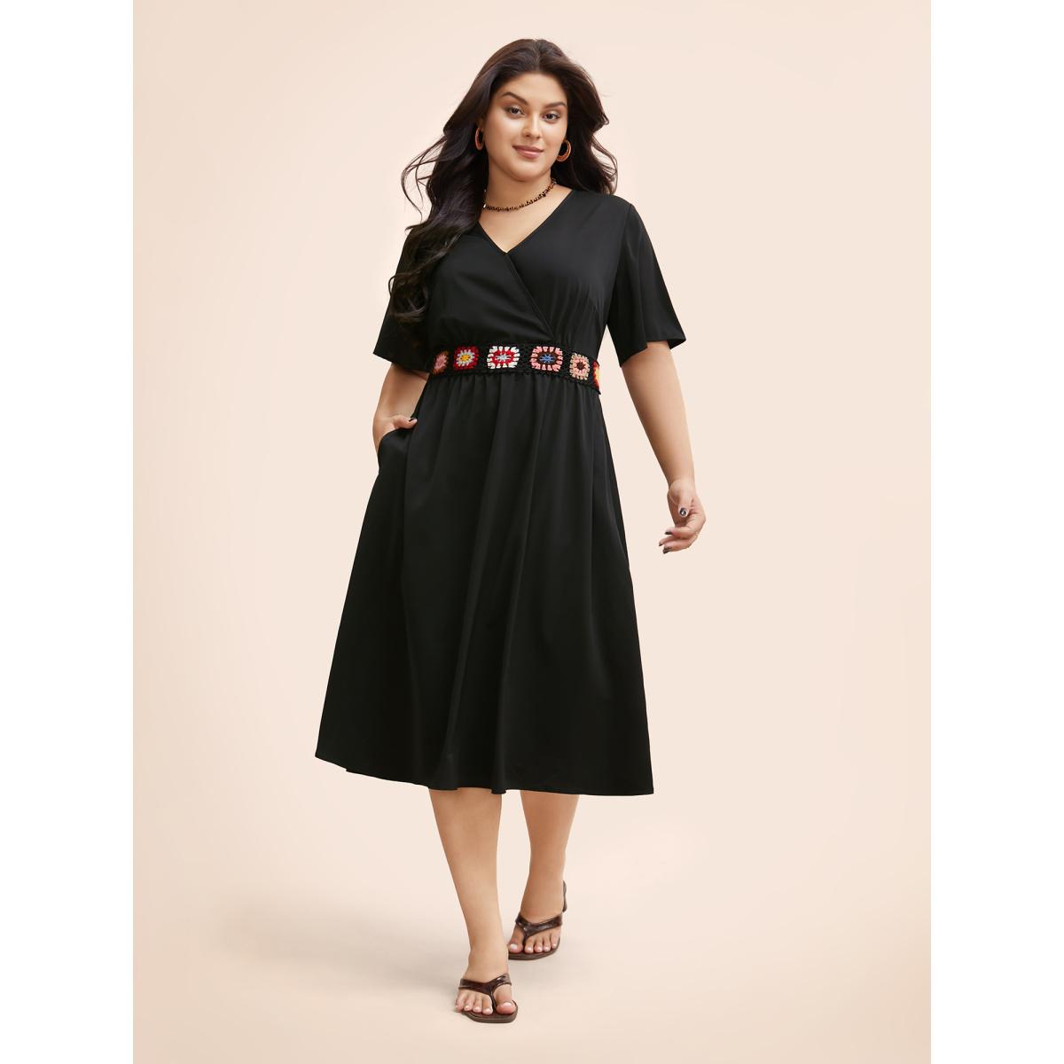 Plus Size Crochet Floral Overlap Collar Shirred Dress Black Women Elegant Woven ribbon&lace trim Overlap Collar Short sleeve Curvy BloomChic 14-16/1X Product Image