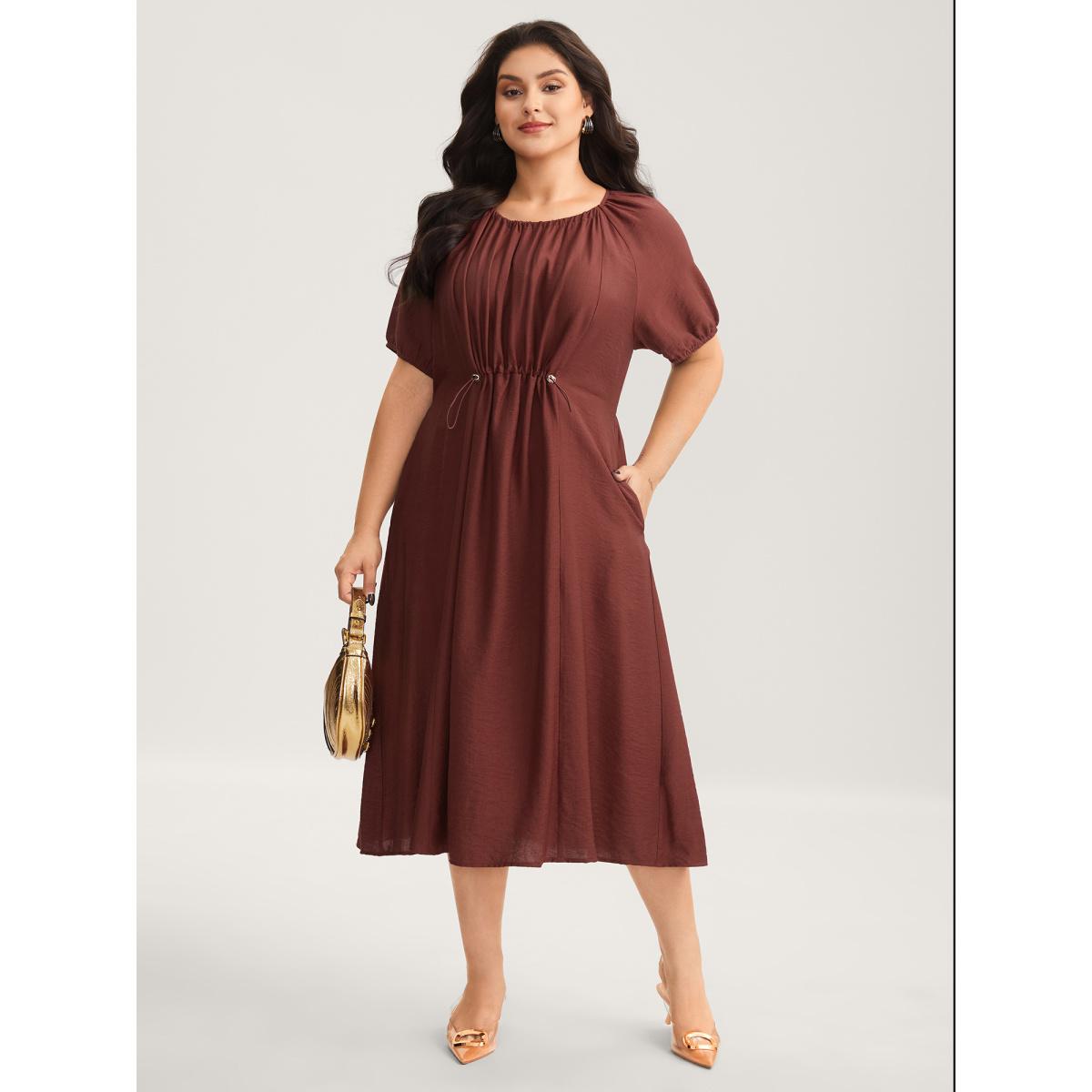 Plus Size Rayon Pleated Waist-Cut Midi Dress Yellowishbrown Women Round Neck Short sleeve Curvy BloomChic 14-16/1X Product Image