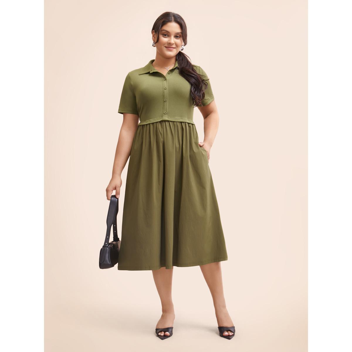Plus Size Stretch Woven Waist-Cinching Midi Dress Olive Women Work From Home Patchwork Shirt collar Short sleeve Curvy BloomChic 18-20/2X Product Image