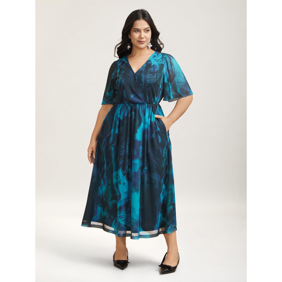Plus Size Floral Fusion Wrap Neck Midi Dress Mediumblue Women Elegant Gathered Overlap Collar Short sleeve Curvy BloomChic 26/4X Product Image
