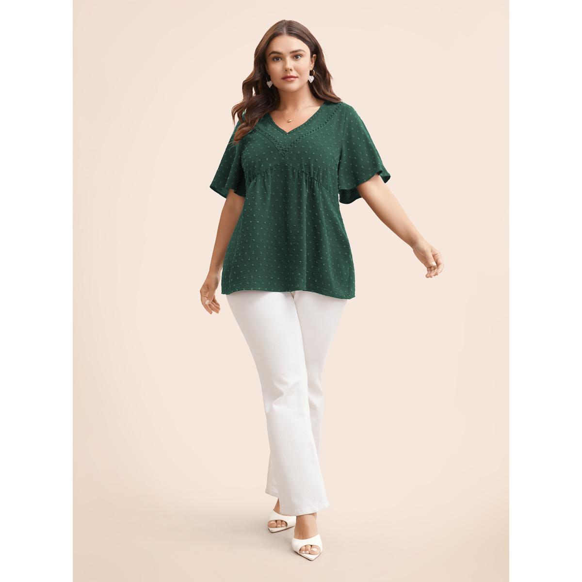 Plus Size DarkGreen Polka Dot Frill Trim V Neck Flutter Blouse Women Office Short sleeve V-neck Office Blouses BloomChic 22-24/3X Product Image
