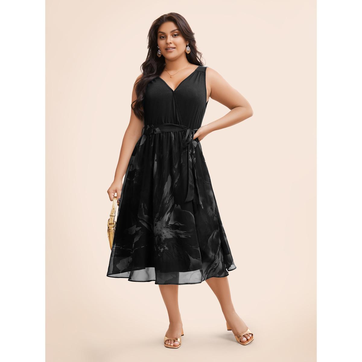 Plus Size Floral Print Belted Patchwork Pocket Tank Dress Black Women Glamour Wrap Overlap Collar Sleeveless Curvy Midi Dress BloomChic 26/4X Product Image