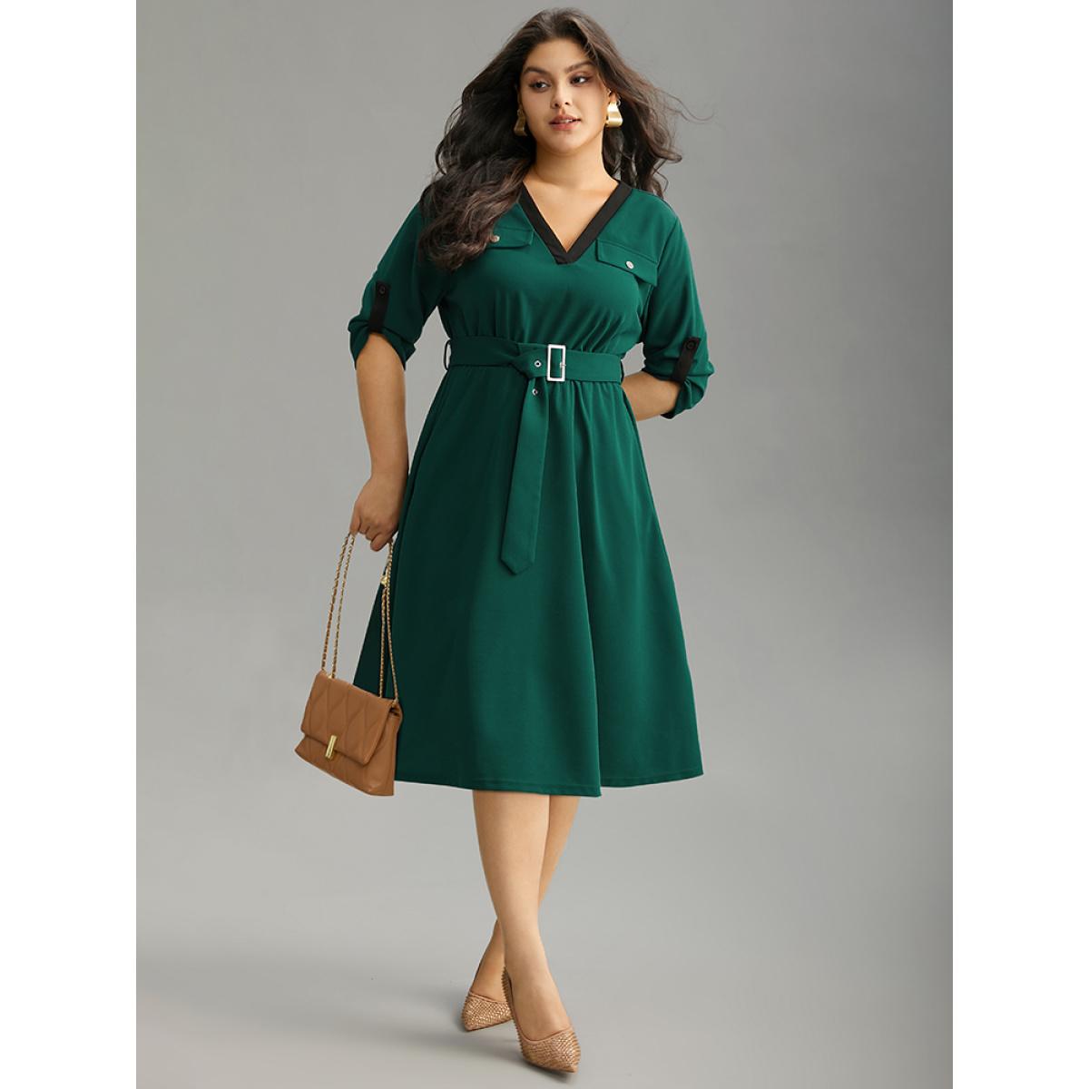 Plus Size Solid Contrast Trim Belted Flap Detail Dress Emerald Women Office Gathered V-neck Elbow-length sleeve Curvy Midi Dress BloomChic 30/6X Product Image
