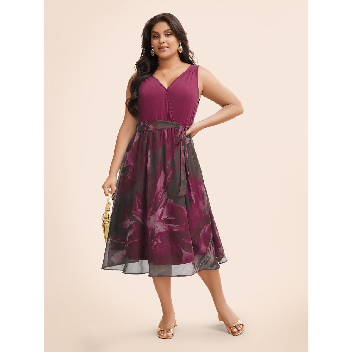 Plus Size Floral Print Belted Patchwork Pocket Tank Dress RedViolet Women Glamour Wrap Overlap Collar Sleeveless Curvy Midi Dress BloomChic 22-24/3X Product Image