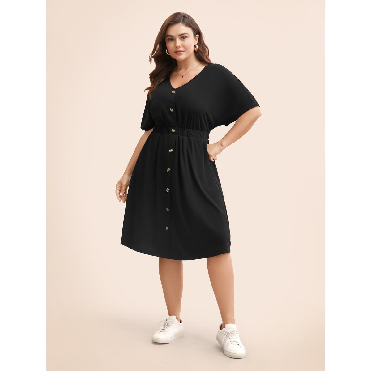 Plus Size Supersoft Essentials Contrast Button Detail Shirred Pocket Dress Black Women Casual Plain V-neck Short sleeve Curvy Midi Dress BloomChic 30/6X Product Image