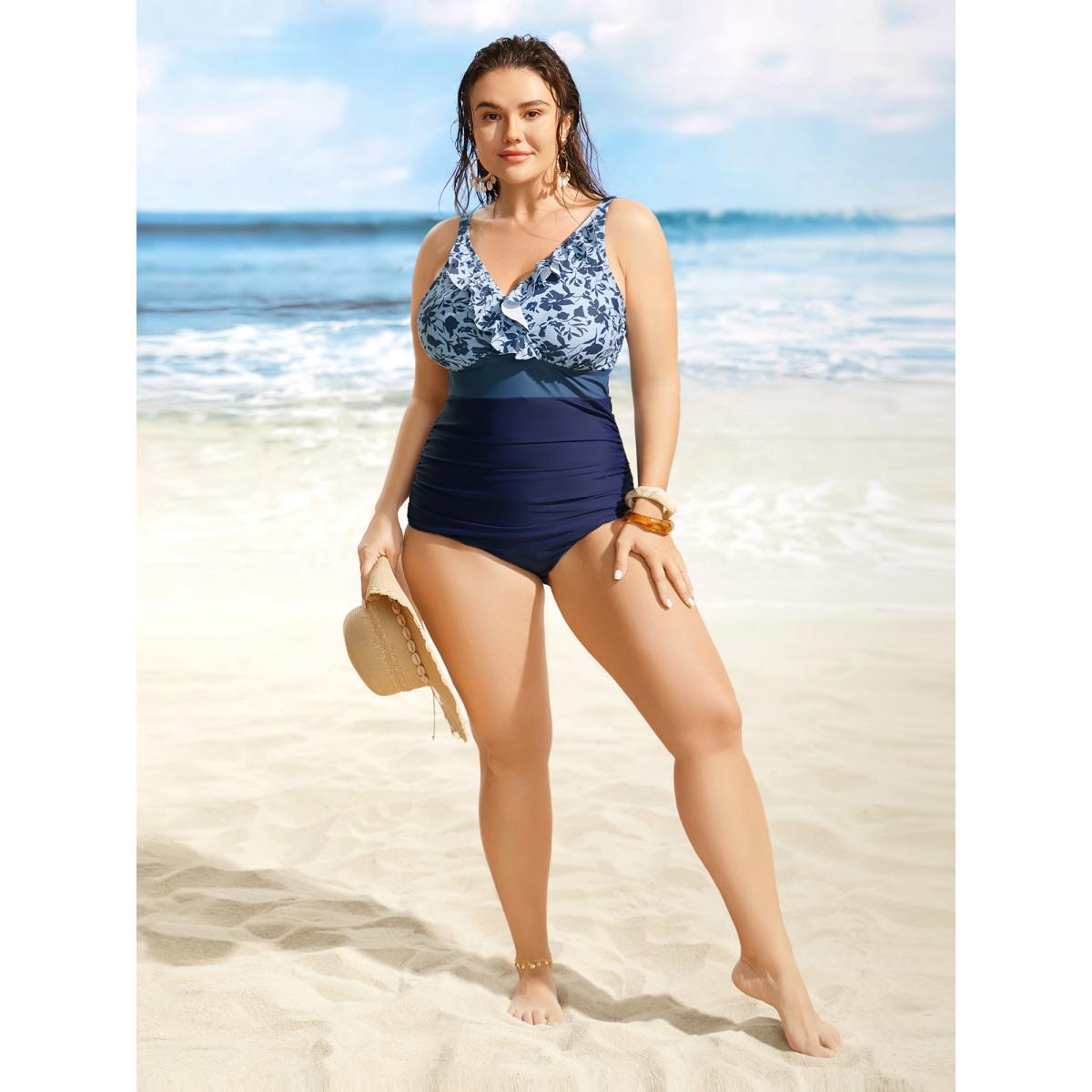 Plus Size Silhouette Floral Print Patchwork Ruffles One Piece Swimsuit Women's Swimwear Indigo Beach Gathered Curve Bathing Suits High stretch One Pieces BloomChic 30/6X Product Image