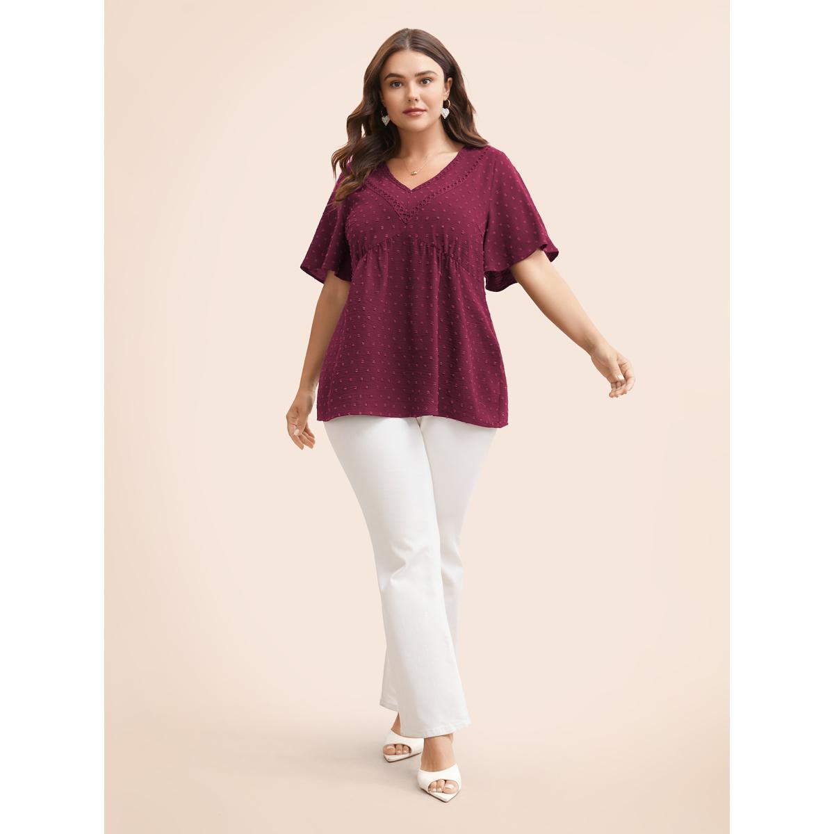 Plus Size Burgundy Polka Dot Frill Trim V Neck Flutter Blouse Women Elegant Short sleeve V-neck Work Blouses BloomChic 12/L Product Image