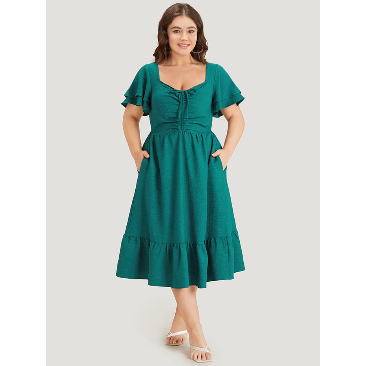 Plus Size Solid Drawstring Pocket Ruffle Trim Layered Dress Teal Women Elegant Gathered V-neck Short sleeve Curvy Midi Dress BloomChic 22-24/3X Product Image