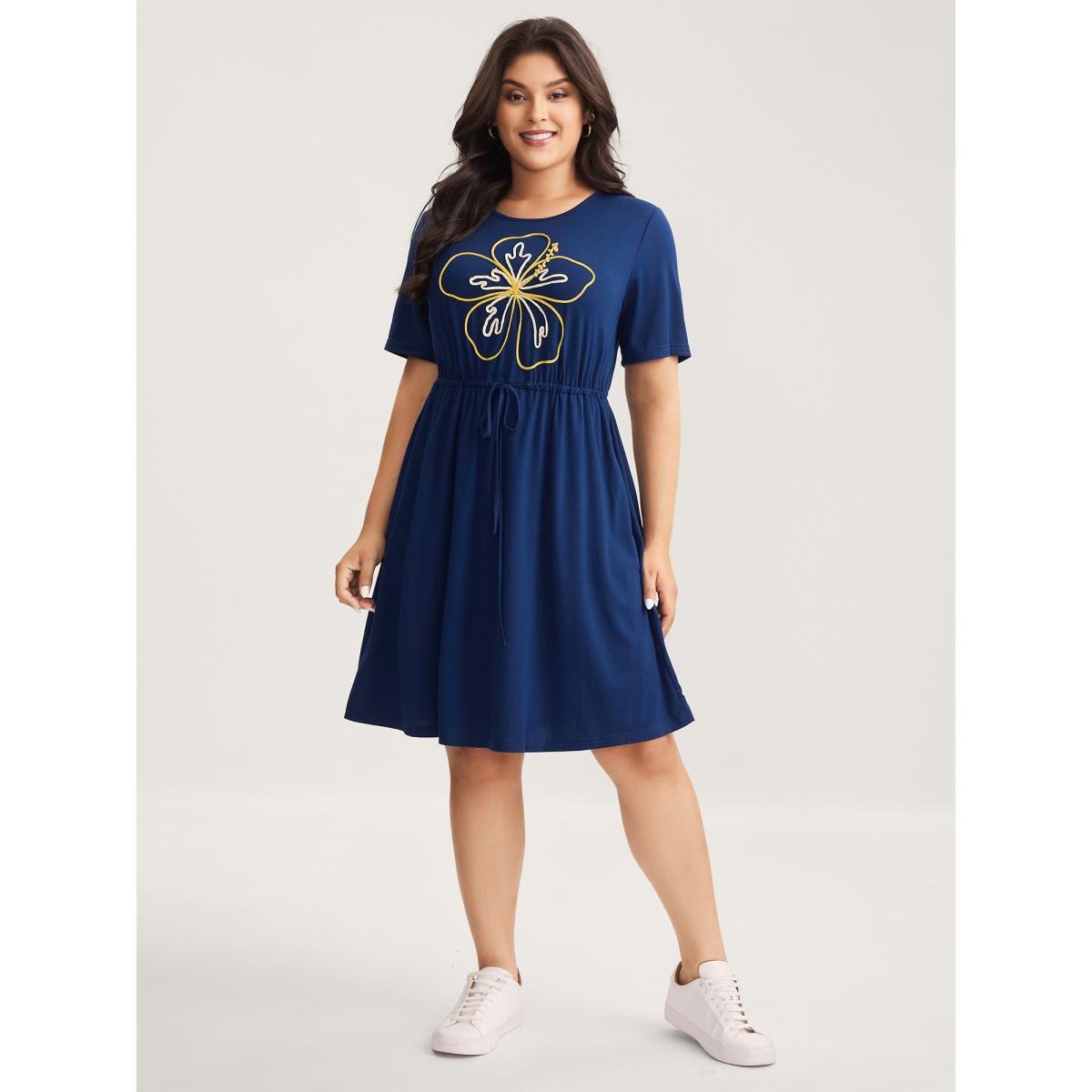 Plus Size Supersoft Cord Embroidered Drawstring Midi Dress DarkBlue Women Round Neck Short sleeve Curvy BloomChic 10/M Product Image