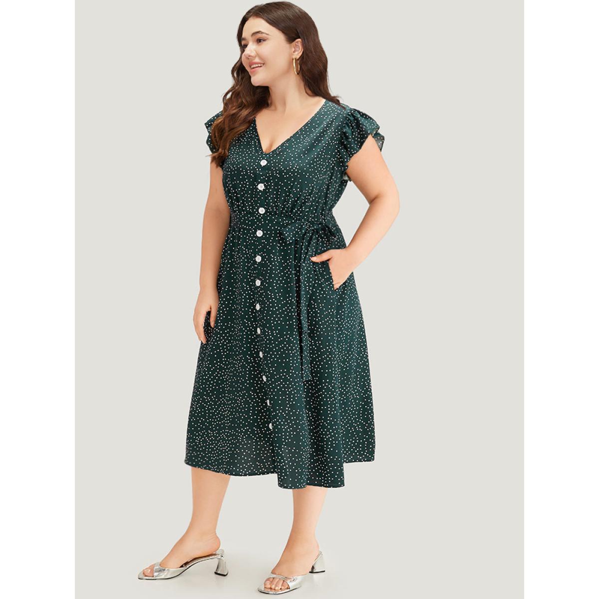 Plus Size Polka Dot Flutter Trim Button Detail Belted Dress Teal Women Office Belted V-neck Sleeveless Curvy Midi Dress BloomChic 28/5X Product Image