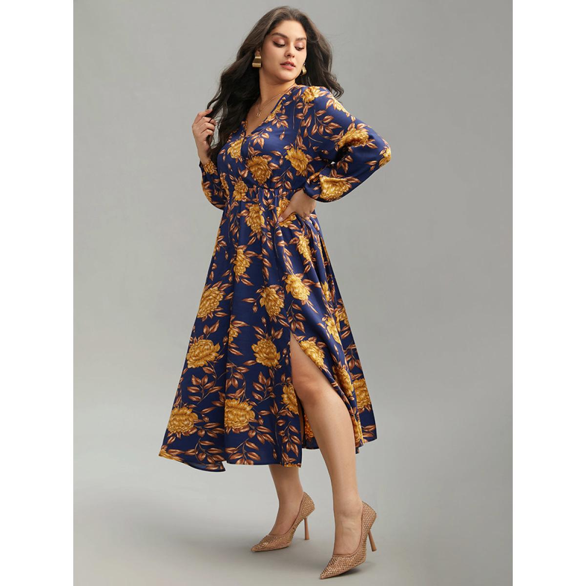 Plus Size Floral Elastic Waist Wrap Split Hem Dress DarkBlue Women Elegant Elastic cuffs Overlap Collar Long Sleeve Curvy Midi Dress BloomChic 18-20/2X Product Image