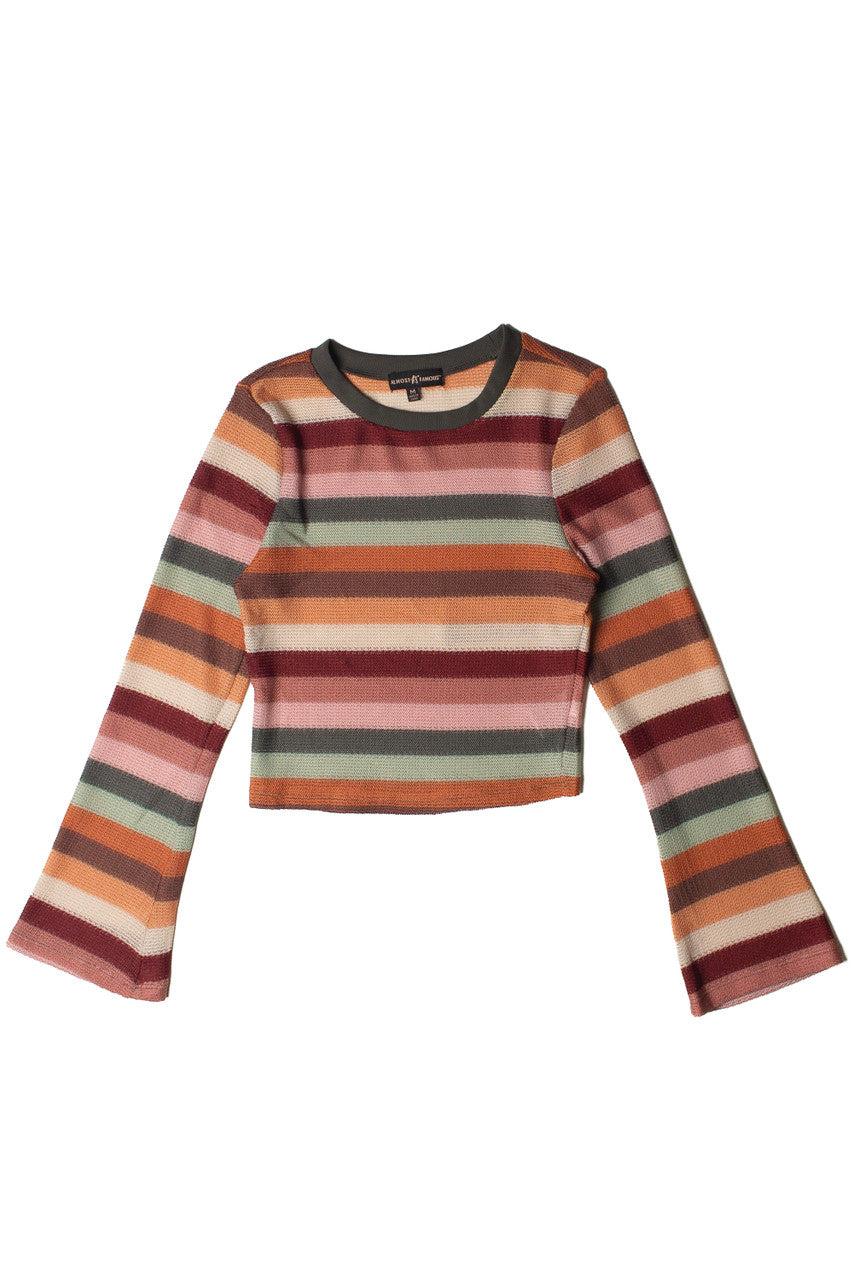 Cactus Flower Bell Sleeve Crochet Stripe Sweater Product Image