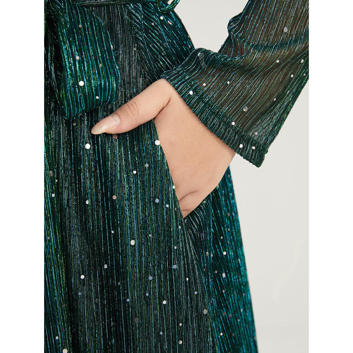 Plus Size Solid Pocket Wrap Belted Sequin Mesh Maxi Dress DarkGreen Women Cocktail Belted V-neck Long Sleeve Curvy Long Dress BloomChic 18-20/2X Product Image
