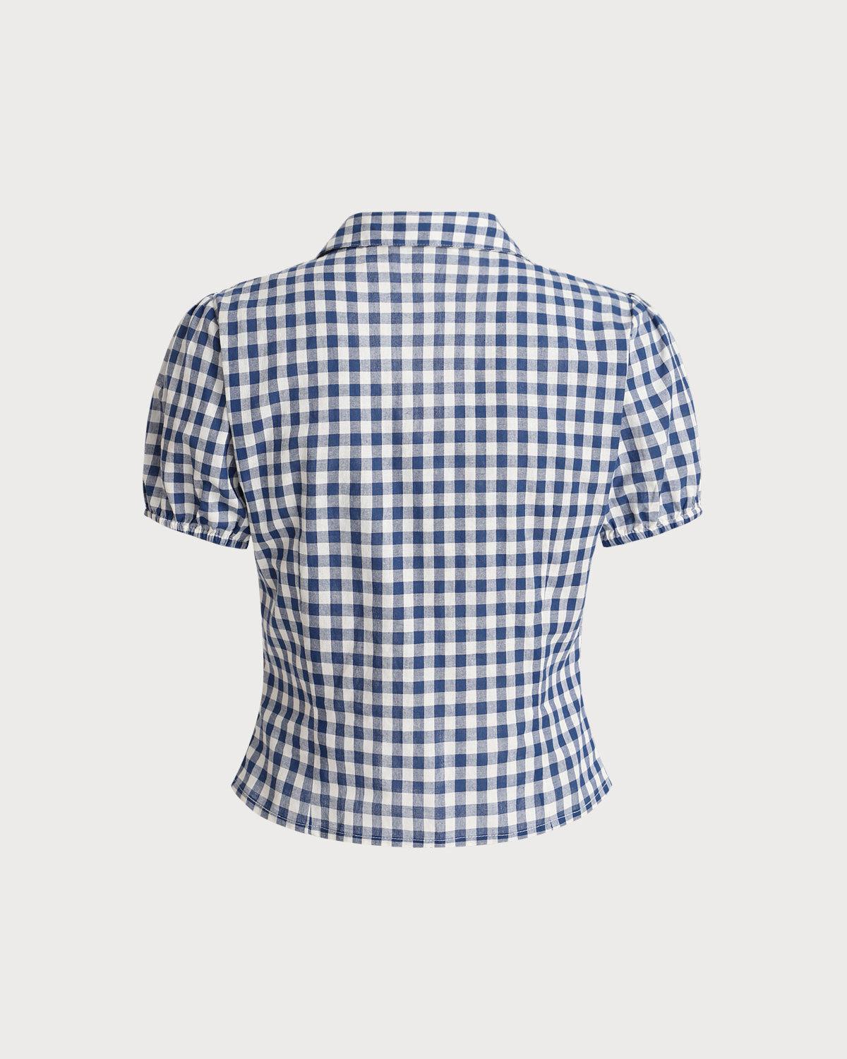 Blue Plaid Puffed Sleeve Blouse Product Image