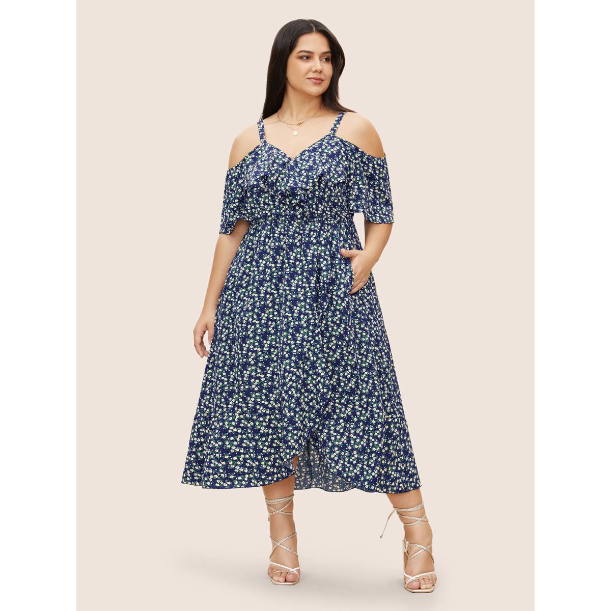 Plus Size Ditsy Floral Pocket Wrap Cold Shoulder Ruffle Dress Navy Women Romantic Non Overlap Collar Short sleeve Curvy Midi Dress BloomChic 14-16/1X Product Image