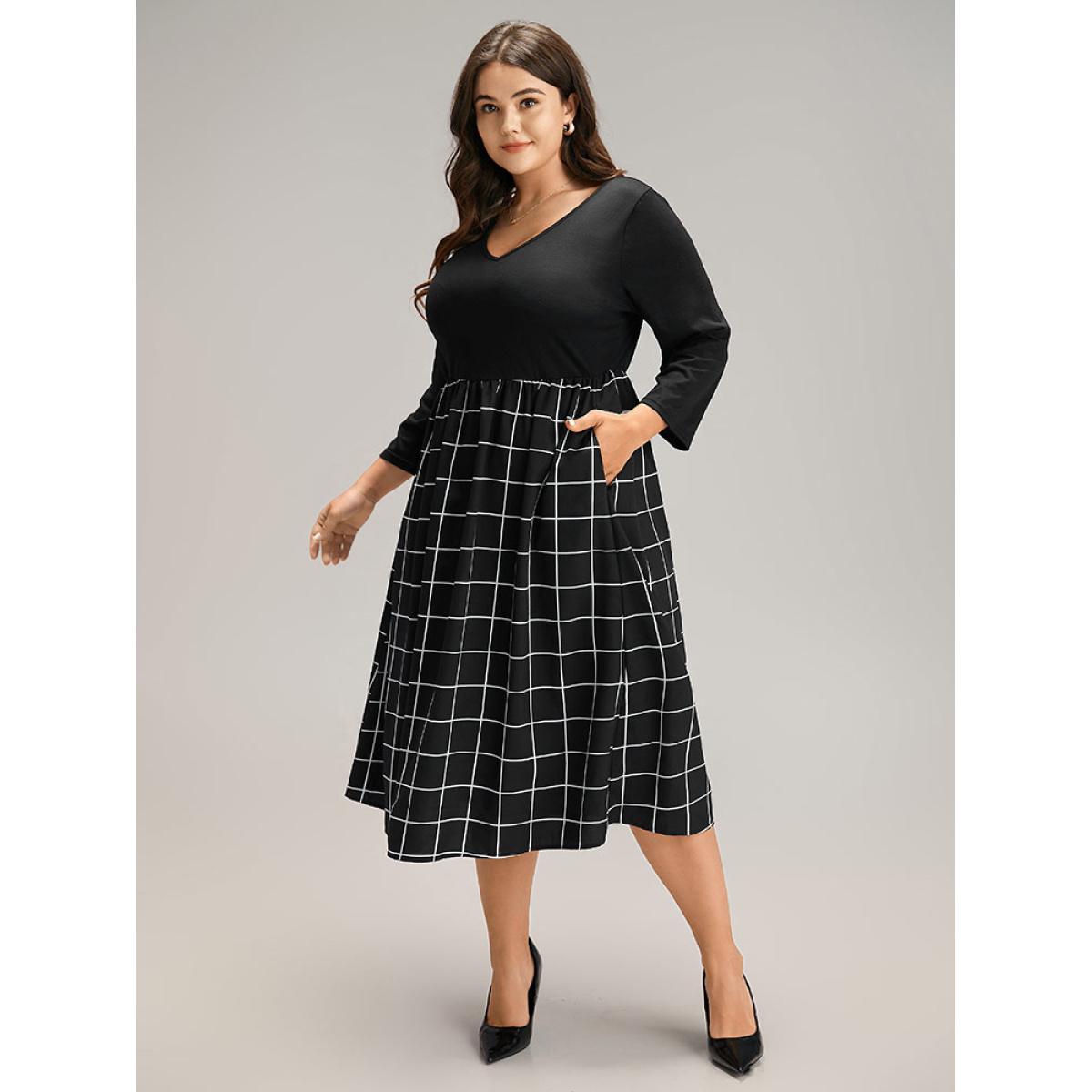 Plus Size Plaid Patchwork Pocket Elastic Waist Dress Black Women Casual Printed V-neck Elbow-length sleeve Curvy Midi Dress BloomChic 12/L Product Image