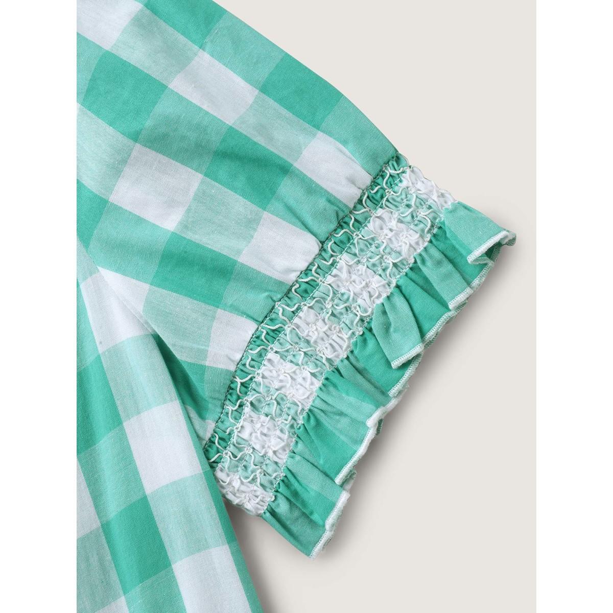 Plus Size Turquoise Cotton Plaid Print Shirred Neck Puffy Blouse Women Short sleeve Round Neck Everyday-Casual Blouses BloomChic 26/4X Product Image