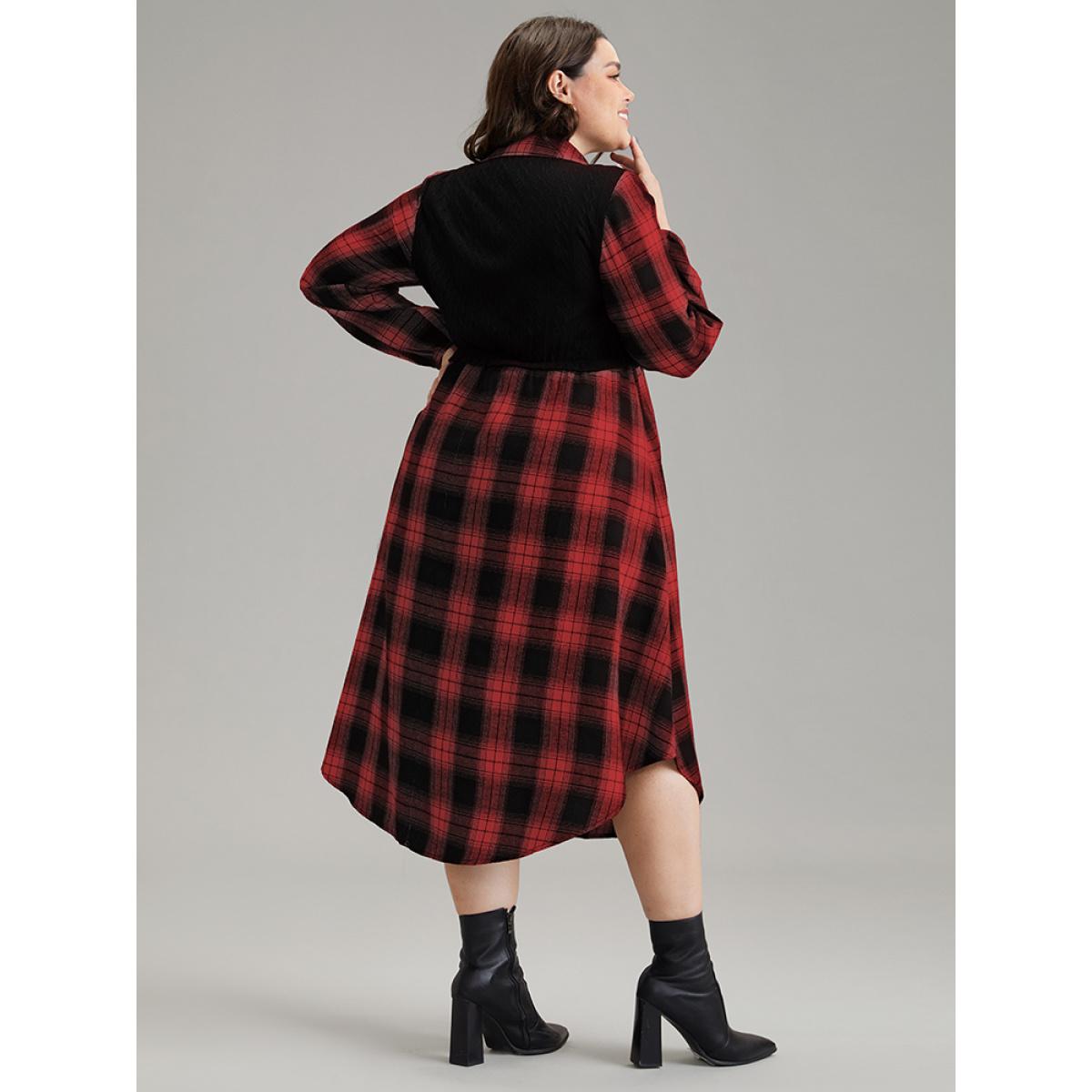 Plus Size Plaid Patchwork Jacquard Button Detail Arc Hem Dress Scarlet Women Casual Elastic cuffs Shirt collar Long Sleeve Curvy Midi Dress BloomChic 18-20/2X Product Image