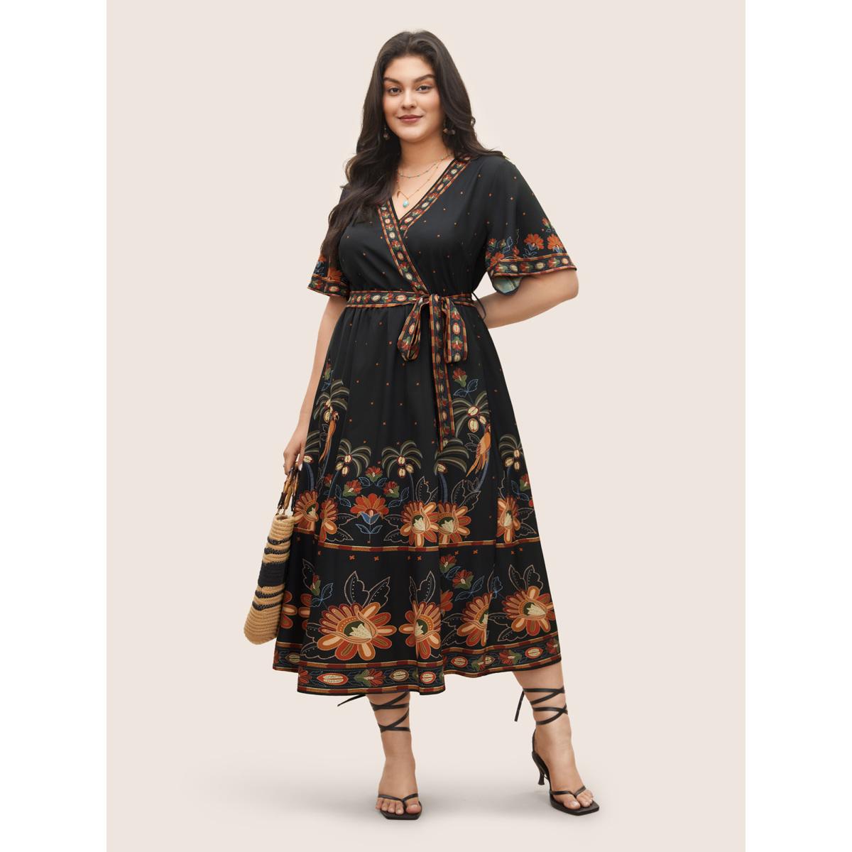 Plus Size Bandana Print Surplice Neck Flutter Sleeve Dress Black Women Resort Non V-neck Short sleeve Curvy Midi Dress BloomChic 10/M Product Image