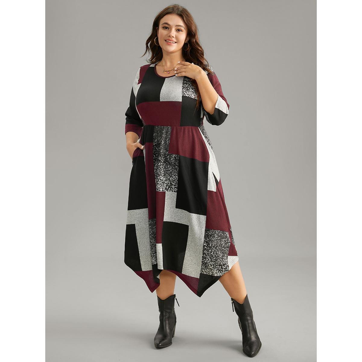 Plus Size Colorblock Contrast Round Neck Elastic Waist Dress Red Women Casual Printed Round Neck Elbow-length sleeve Curvy Midi Dress BloomChic 12/L Product Image