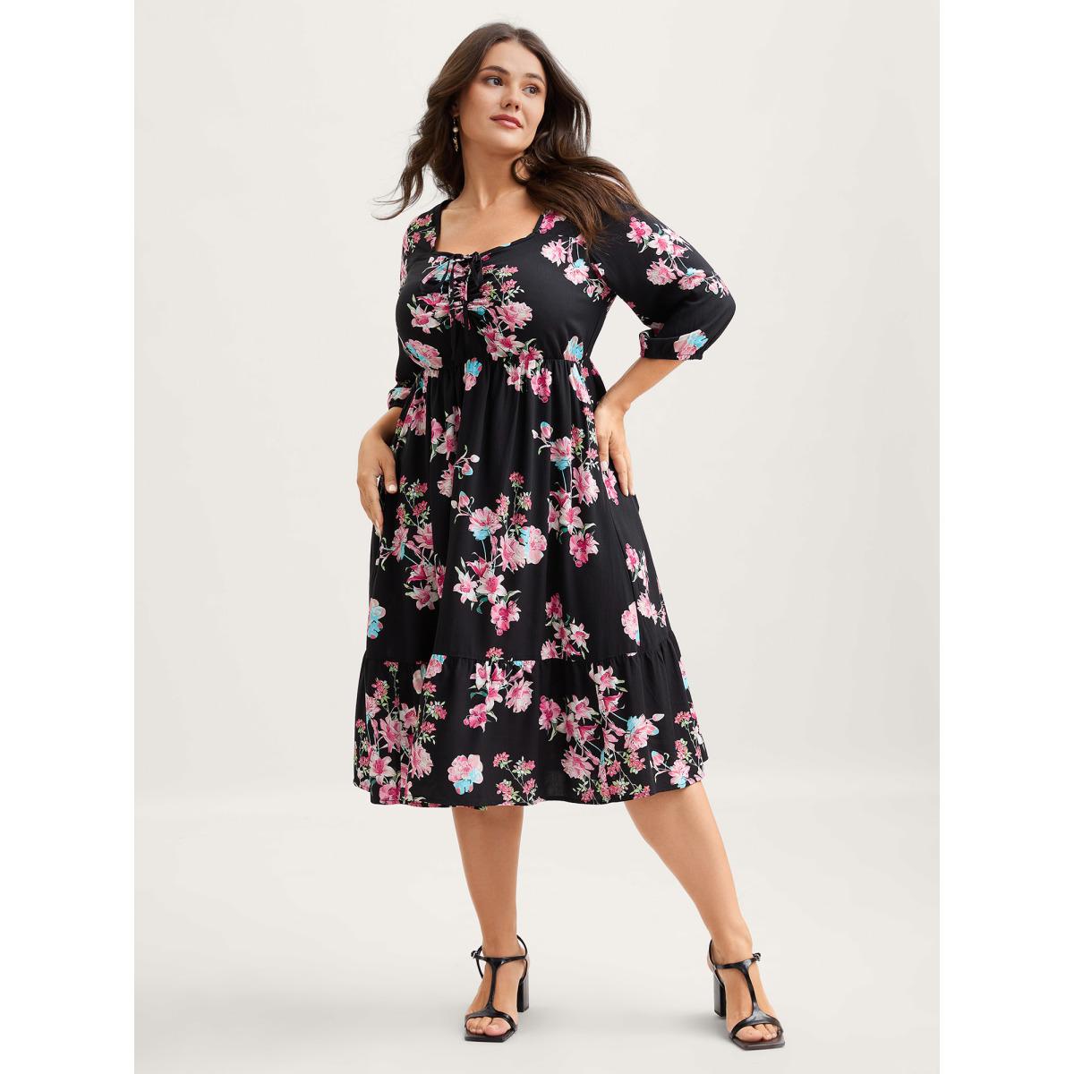Plus Size Floral Adjustable Bust Drawstring Midi Dress Black Women Heart neckline Elbow-length sleeve Curvy BloomChic 22-24/3X Product Image