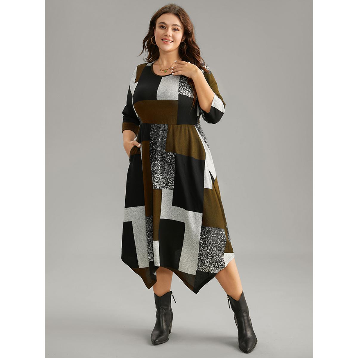 Plus Size Colorblock Contrast Round Neck Elastic Waist Dress Bronze Women Casual Printed Round Neck Elbow-length sleeve Curvy Midi Dress BloomChic 14-16/1X Product Image