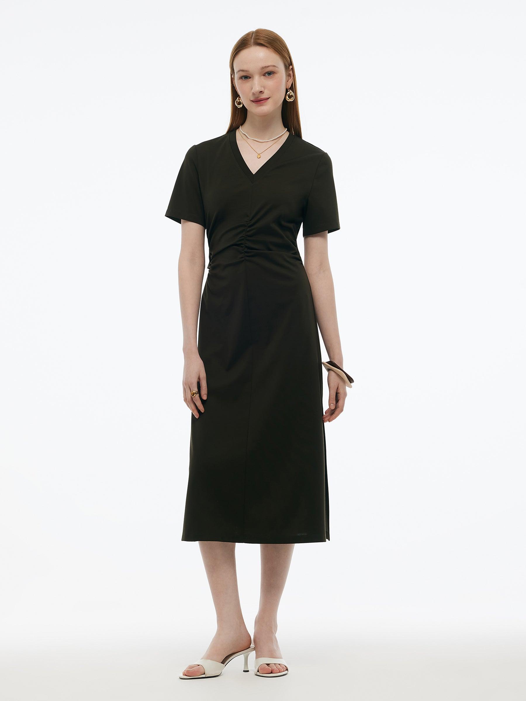 Tencel-blend Gathered Waist Women Tuck Detail Midi Knit Dress Product Image