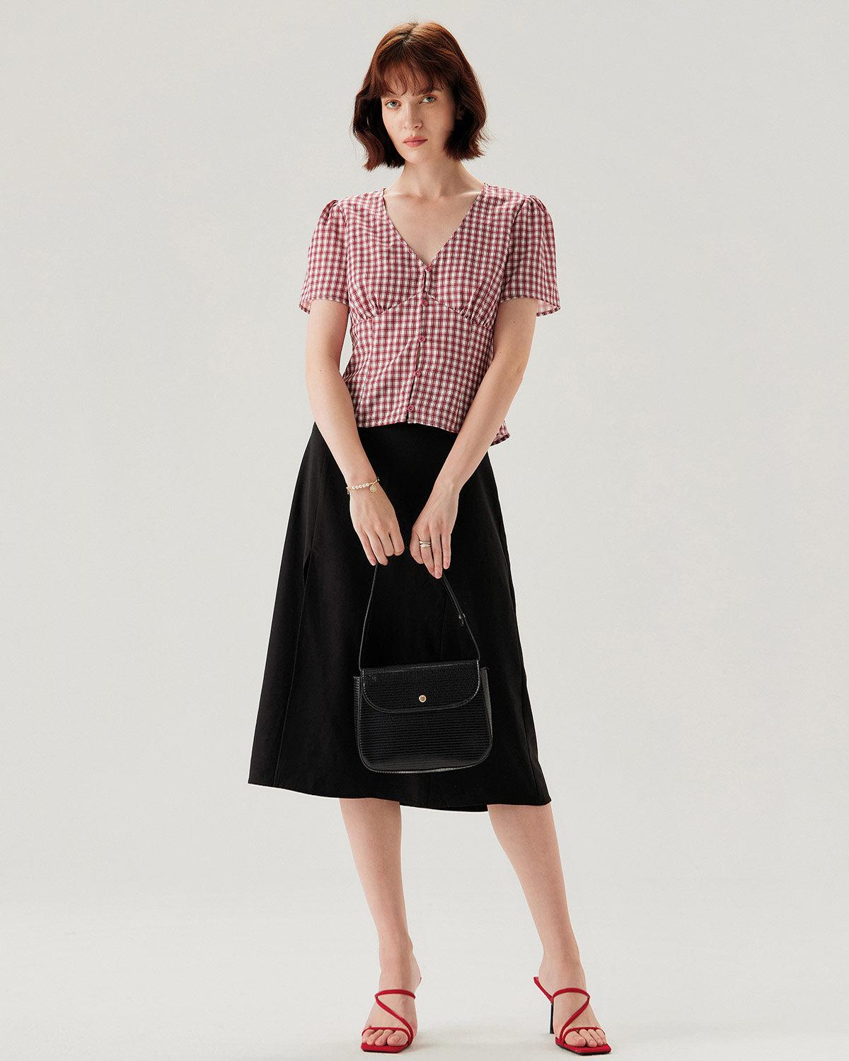 Red Plaid Puffed Sleeve V Neck Blouse Product Image