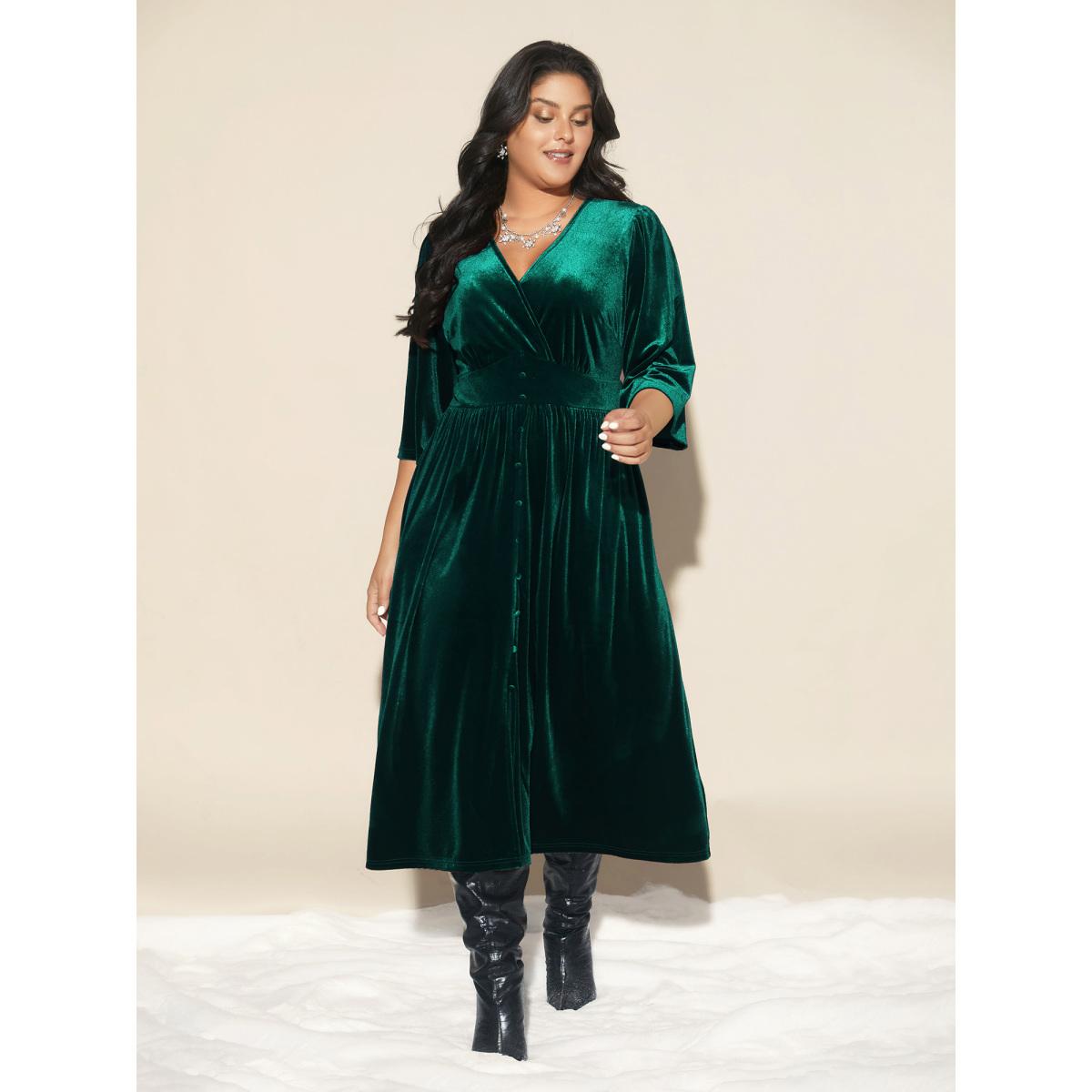 Plus Size Velvet Ruched Surplice Neckline Midi Dress Burgundy Women Formal Texture Party Curvy Bloomchic 14-16/1X Product Image