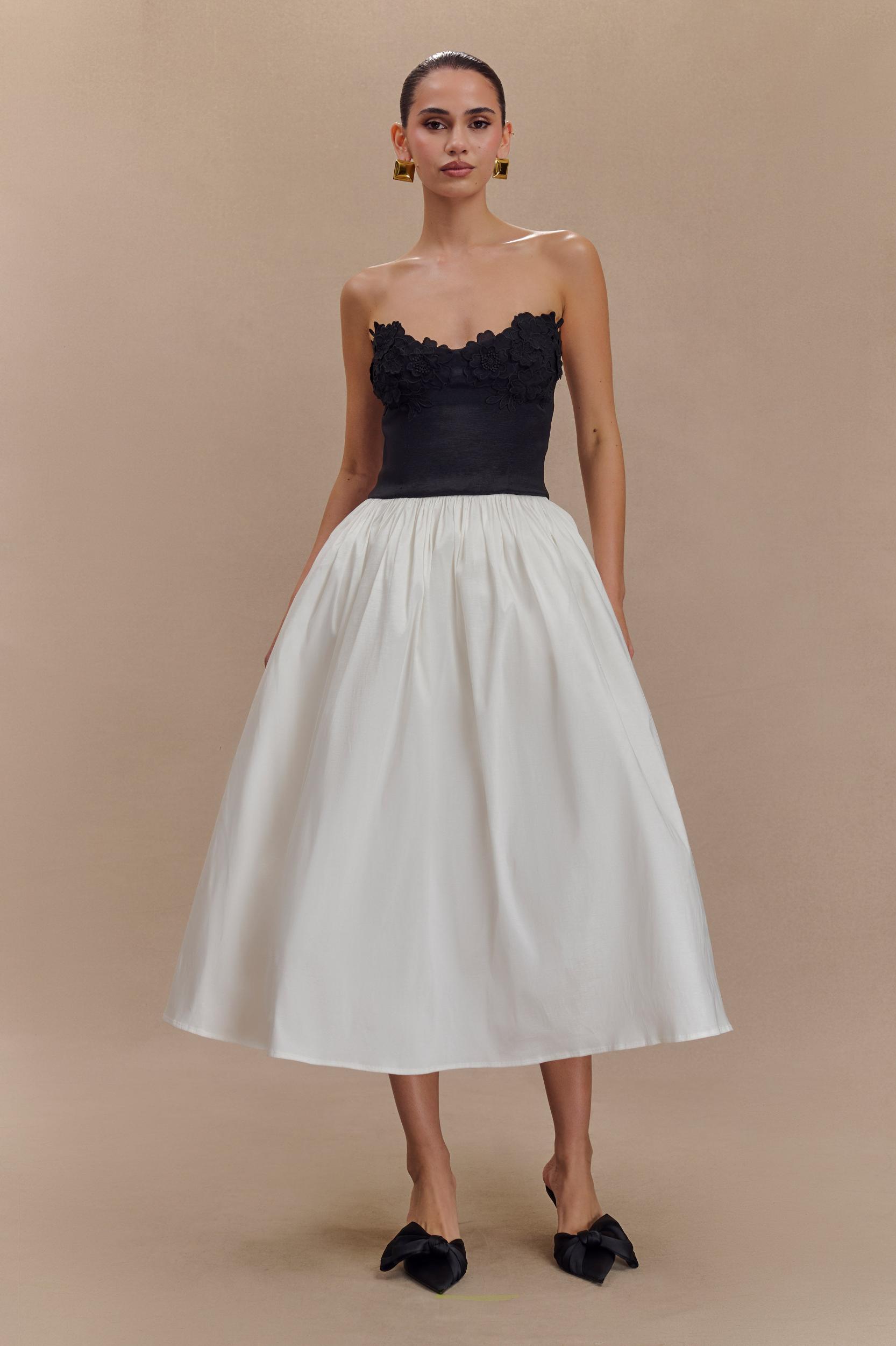 Elyssa Embroidered Contrast Midi Dress - Black/White Product Image