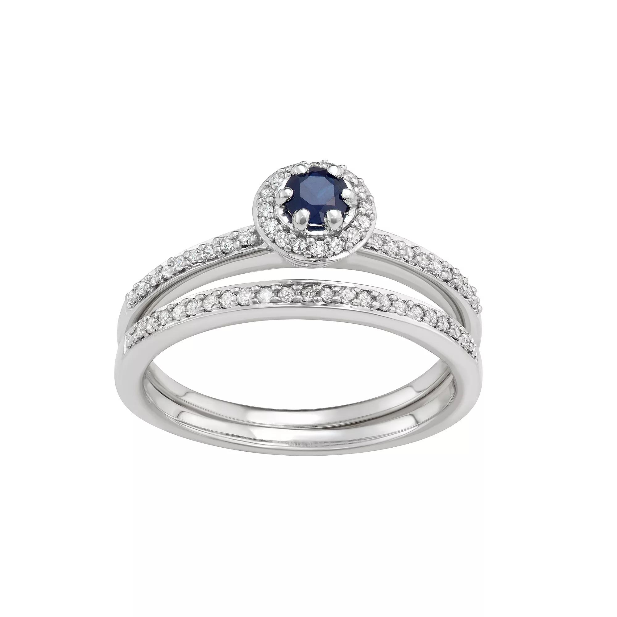 10k White Gold 1/3 Carat T.W. Diamond & Gemstone Halo Engagement Ring Set, Women's, Size: 8, Blue Blue Product Image