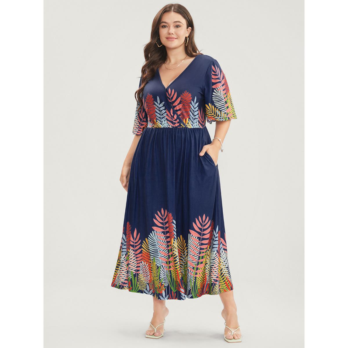 Plus Size Plant Print Surplice Neck Pocket Ruffles Midi Dress Indigo Women Vacation Elastic Waist V-neck Half Sleeve Curvy Long Dress BloomChic 18-20/2X Product Image