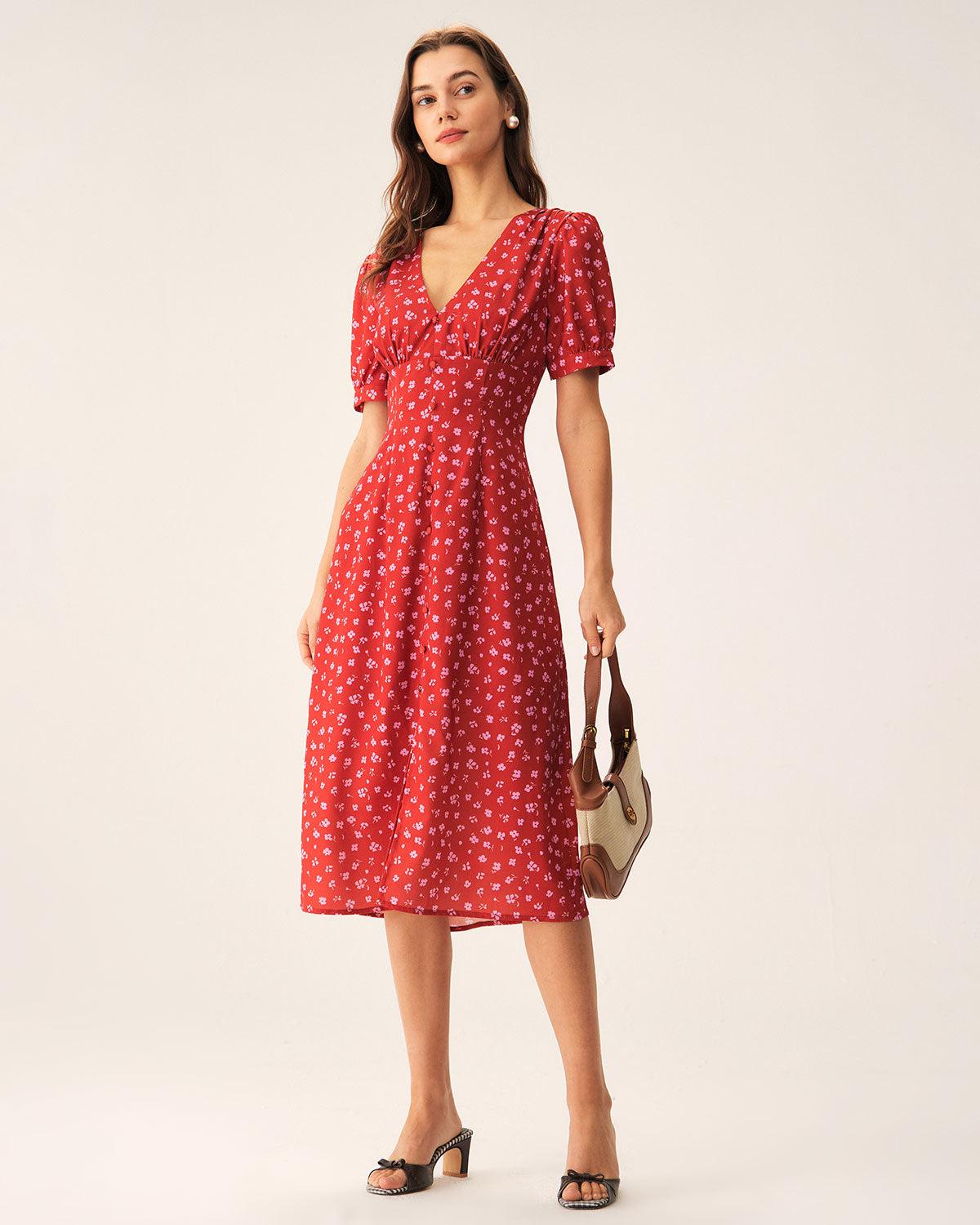 Red Polka Dot Ruched Midi Dress Product Image