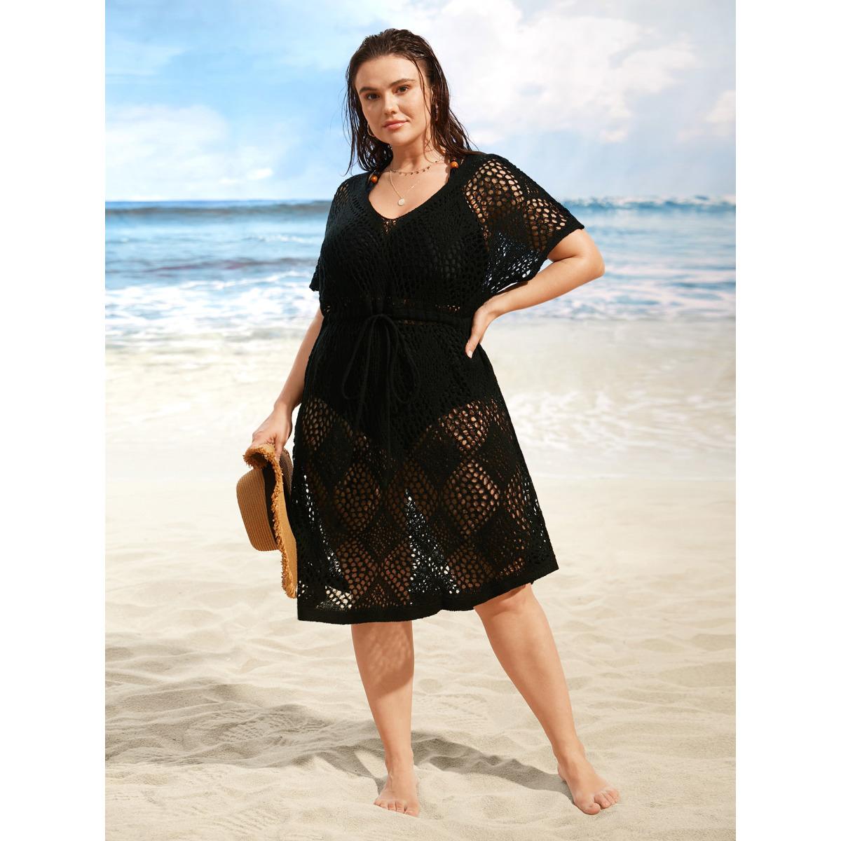 Plus Size Geometric Cut Out Drawstring Dolman Sleeve Swim Cover Up Women's Swimwear Black Beach Loose Texture Curve Swim Cover Ups BloomChic 14-16/1X Product Image