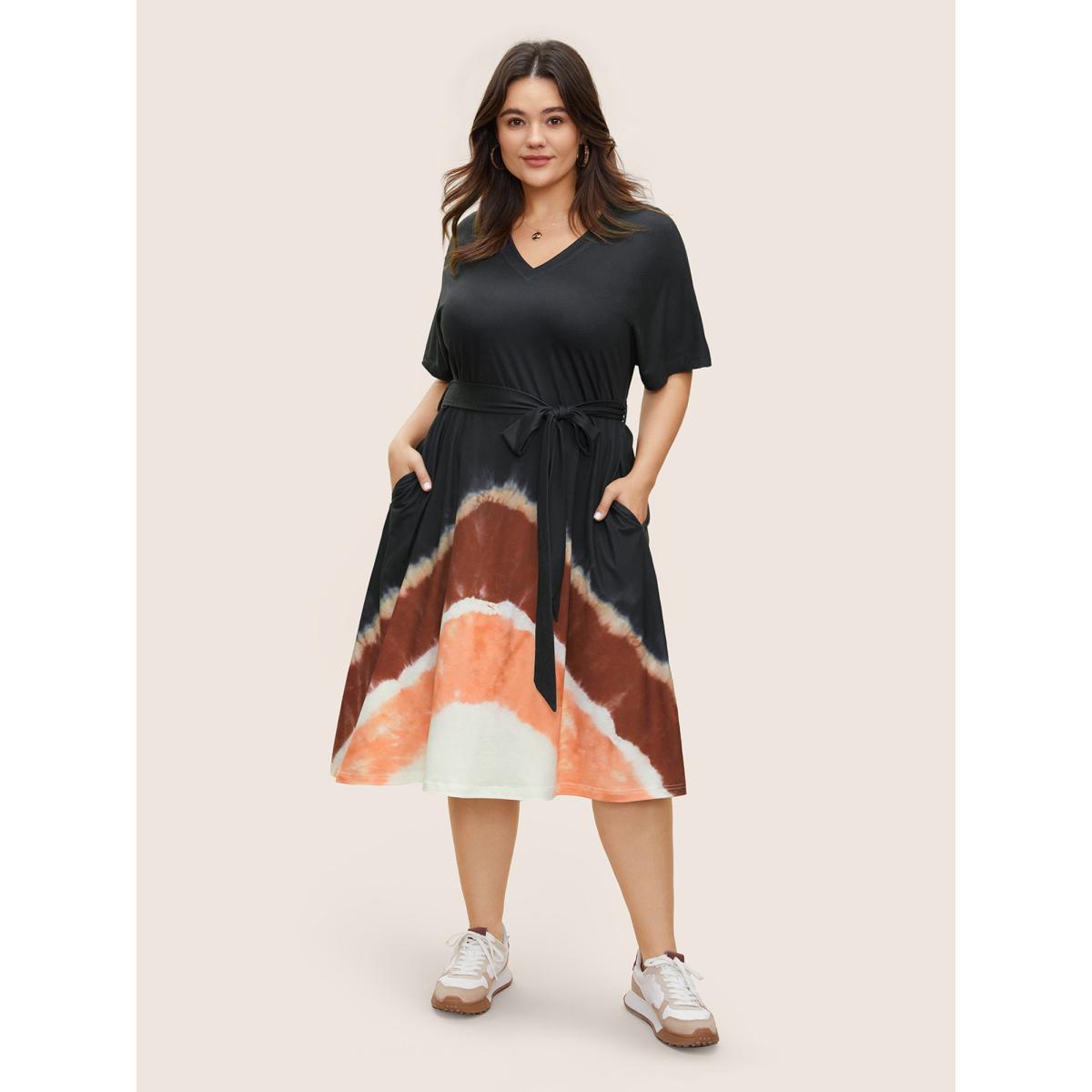 Plus Size V Neck Tie Dye Contrast Belted Dress Black Women Casual Non V-neck Short sleeve Curvy Midi Dress BloomChic 26/4X Product Image