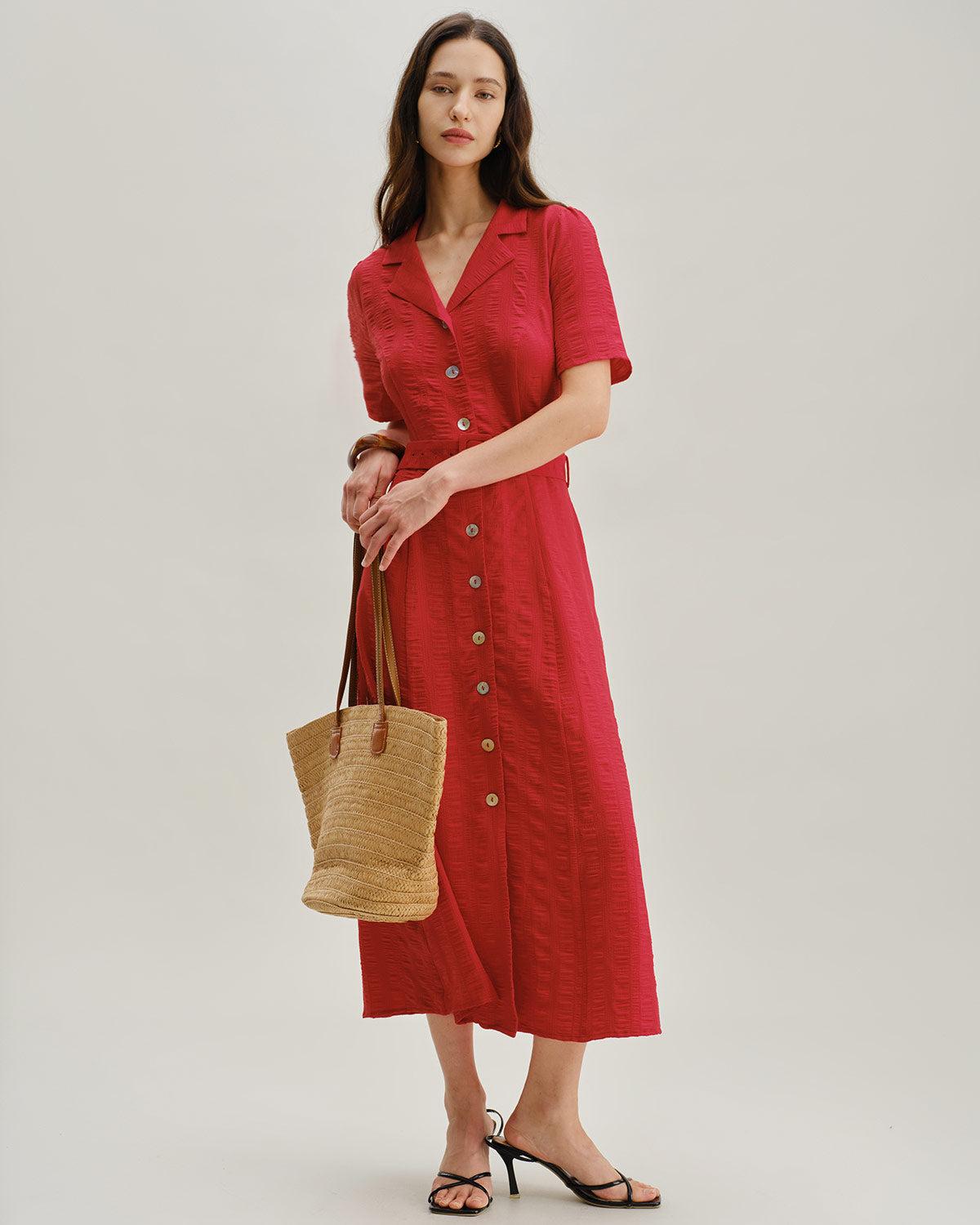 Red Belted A-Line Midi Dress Product Image