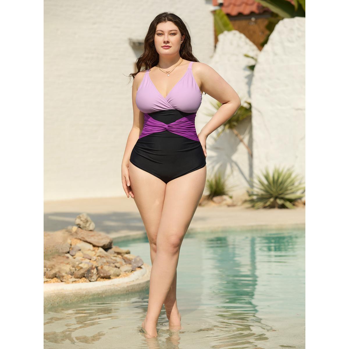 Plus Size Color Block Ruched One-Piece Swimsuit Women's Swimwear Lilac Beach Twist Curve Bathing Suits High stretch One Pieces BloomChic 26/4X Product Image