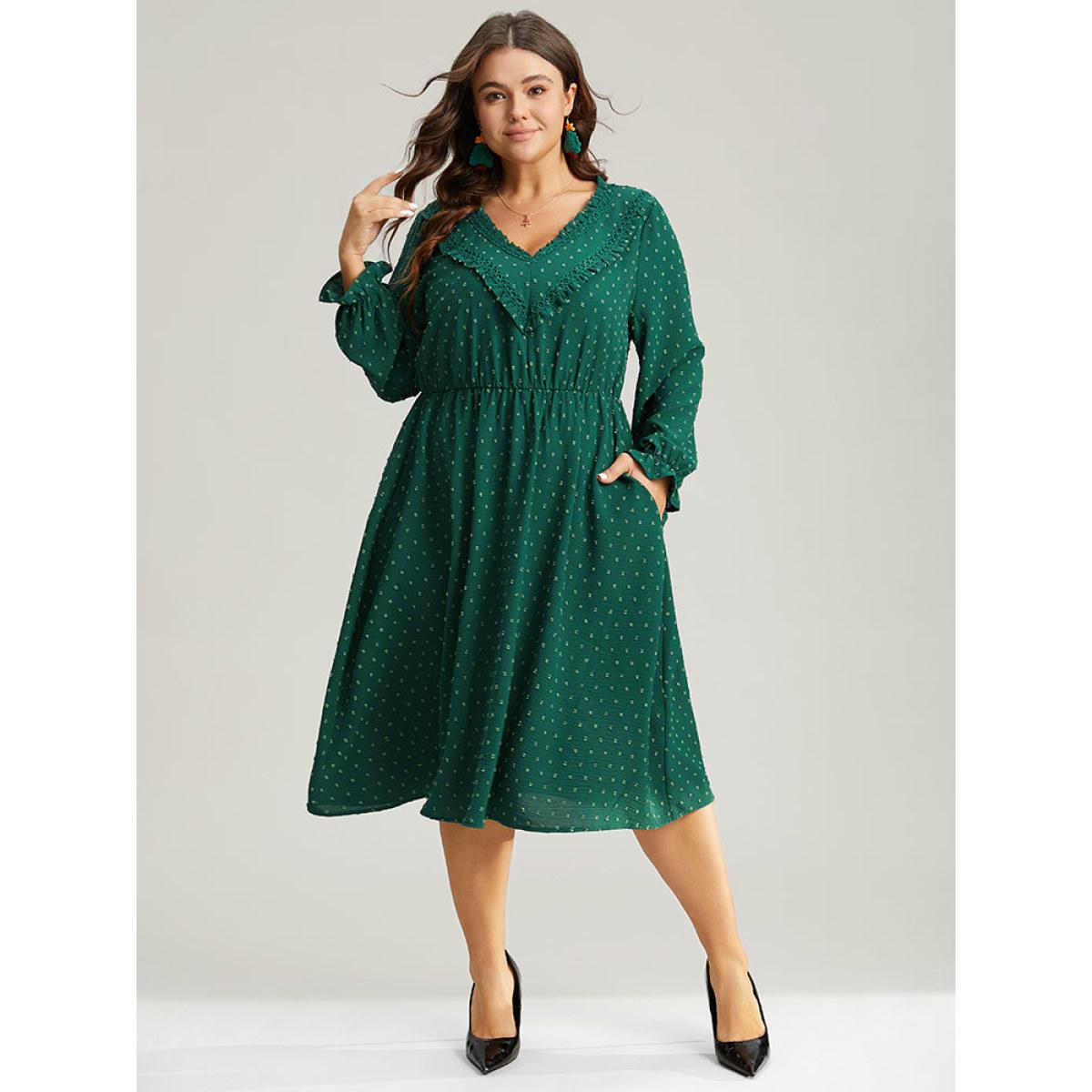 Plus Size Solid Textured V Neck Lantern Sleeve Frill Trim Dress DarkGreen Women Office Texture V-neck Long Sleeve Curvy Midi Dress BloomChic 30/6X Product Image