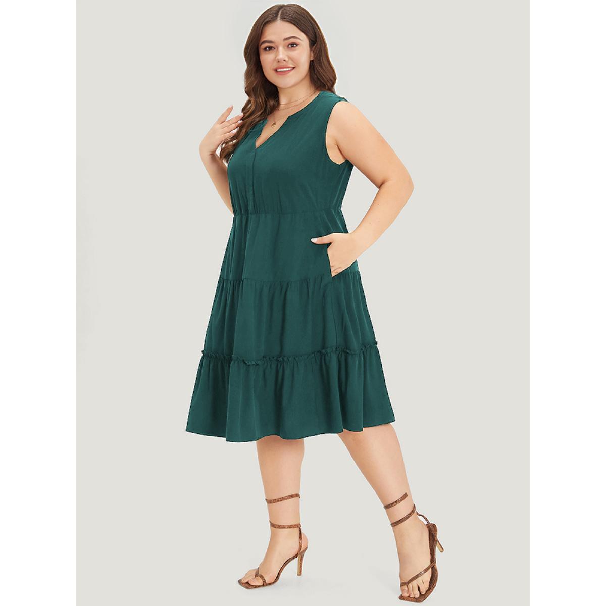 Plus Size Supersoft Essentials Notched Ruffle Layered Hem Sleeveless Dress Green Women Elegant Gathered V-neck Sleeveless Curvy Midi Dress BloomChic 18-20/2X Product Image