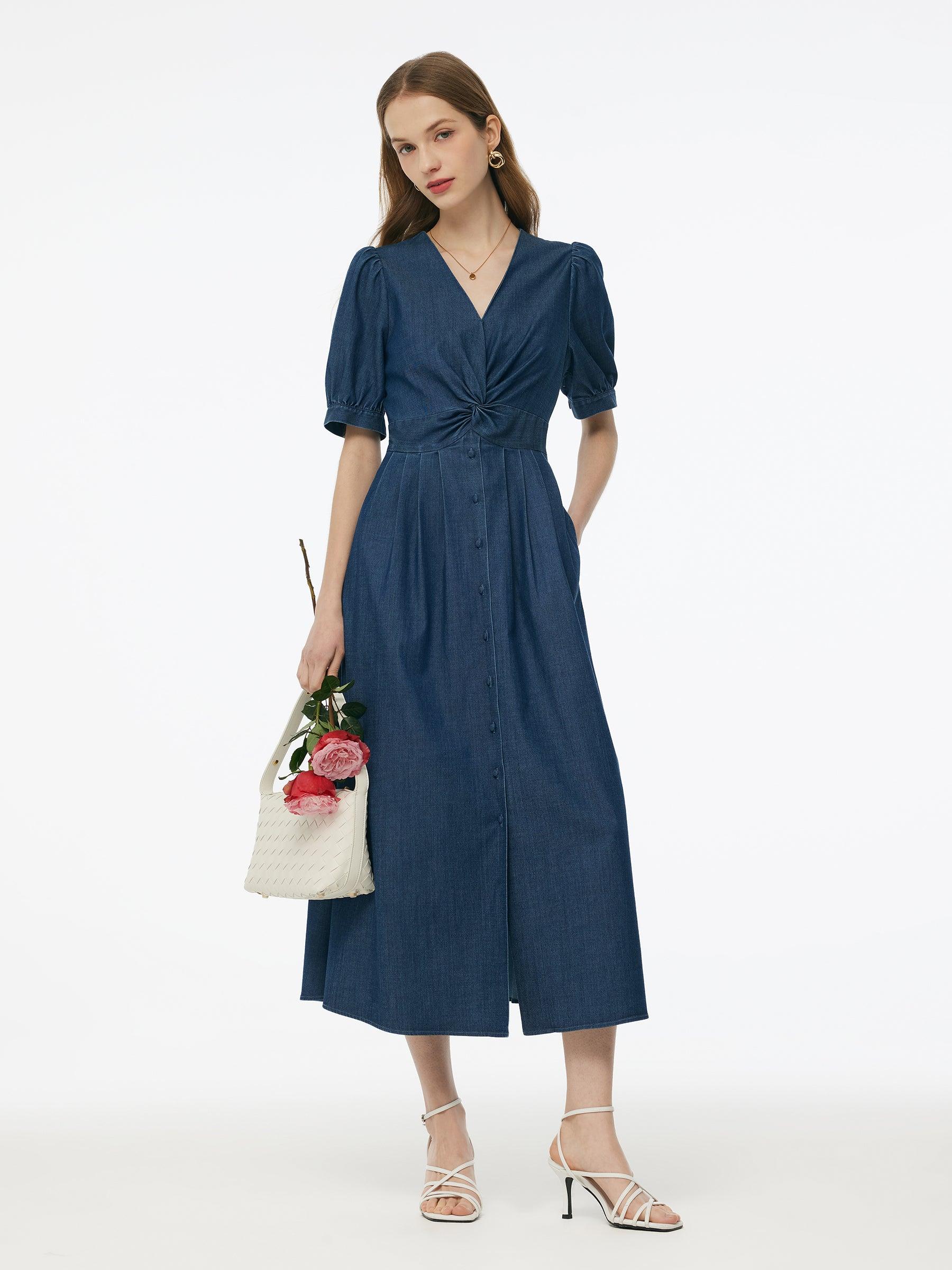 Denim Twist Front V-Neck Women Maxi Dress Product Image