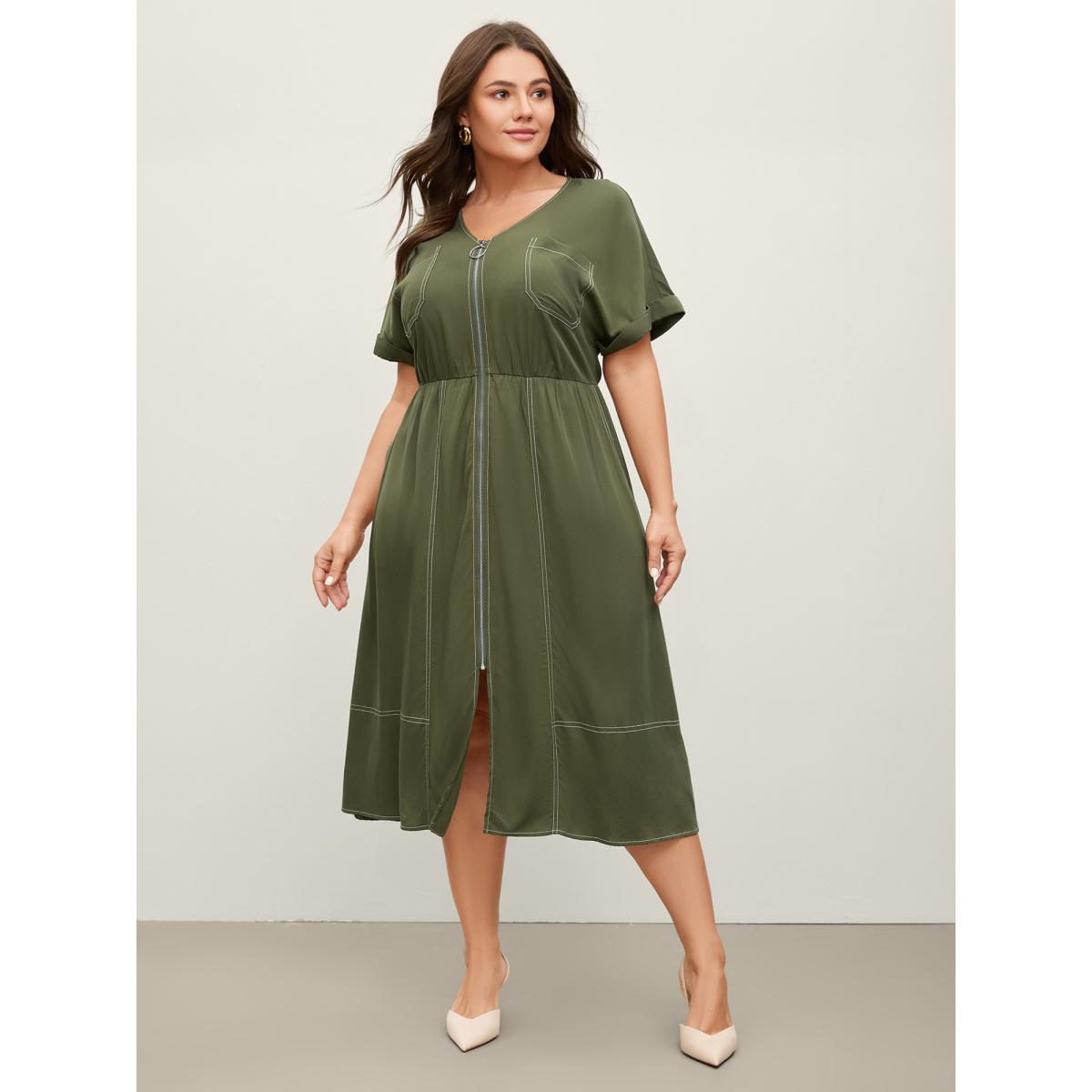 Plus Size Monochrome Zipper Front Pockets Midi Dress ArmyGreen Women V-neck Short sleeve Curvy BloomChic 10/M Product Image