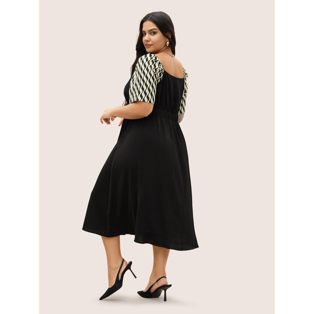 Plus Size Geometric Square Neck Raglan Sleeve Elastic Waist Dress Black Women At the Office Non Square Neck Half Sleeve Curvy Midi Dress BloomChic 12/L Product Image