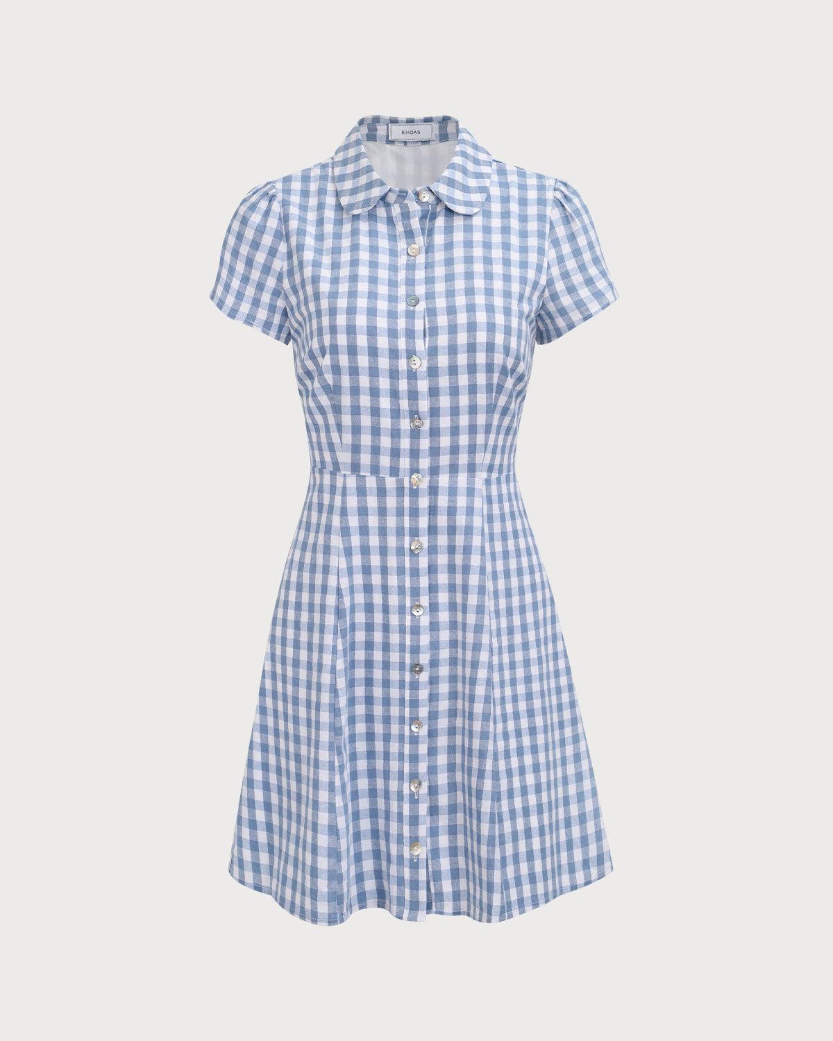 Women's Blue Plaid Lapel Cotton Mini Dress Female Product Image