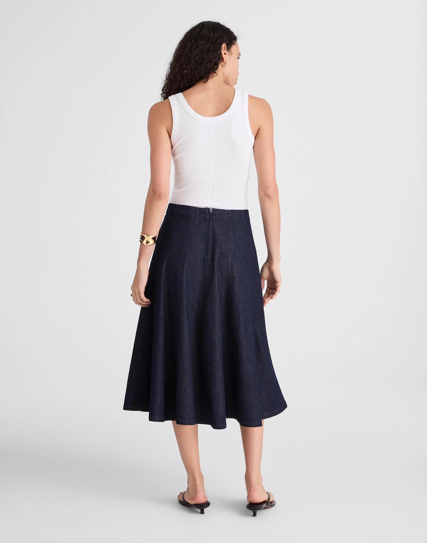 Flared Denim Midi Skirt in Rinse Wash Product Image