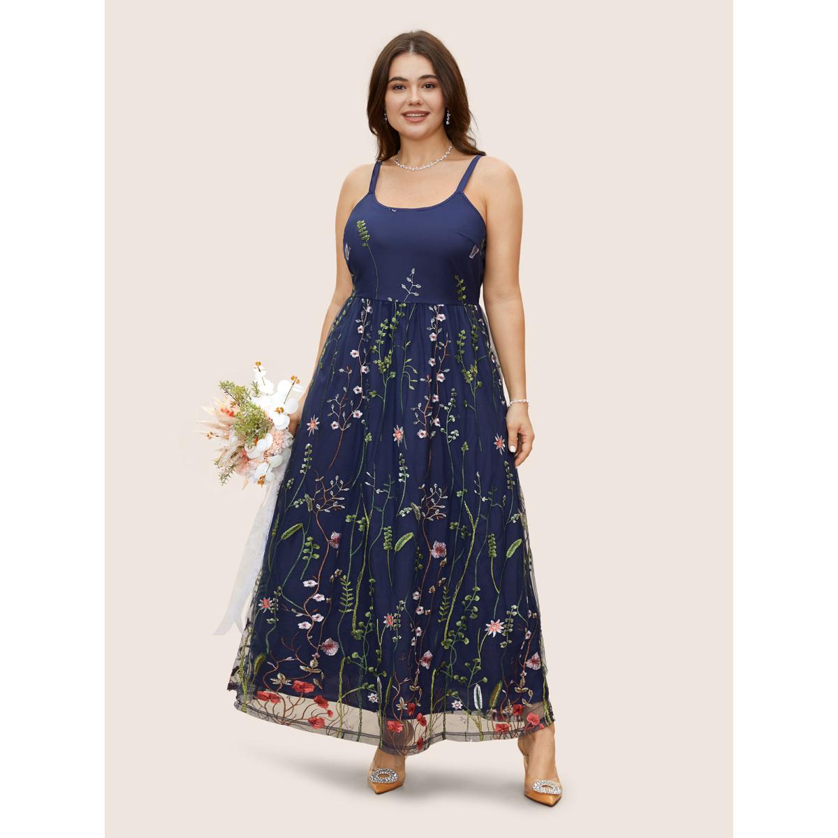 Plus Size U Neck Floral Embroidered Mesh Cami Dress DarkBlue Women Formal U-neck Sleeveless Curvy BloomChic 22-24/3X Product Image