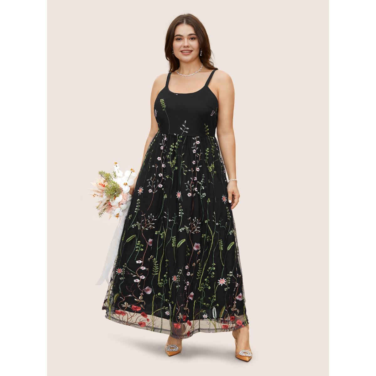 Plus Size U Neck Floral Embroidered Mesh Cami Dress Black Women Formal U-neck Sleeveless Curvy BloomChic 26/4X Product Image